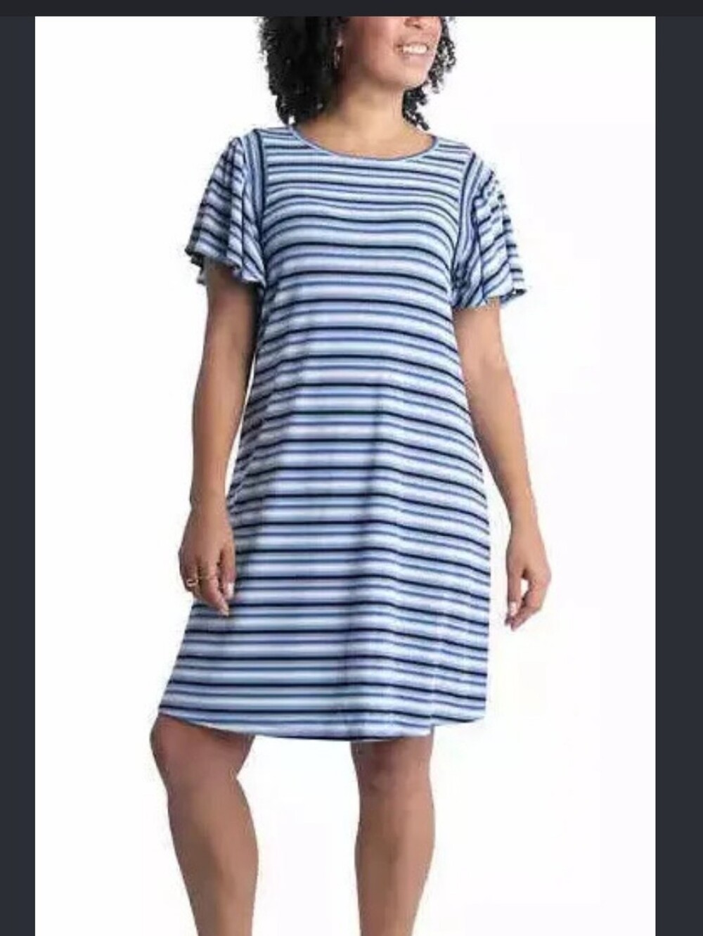 Casual Blue & White Striped Flutter-Sleeve Mini Dress